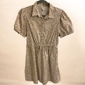 J. Crew Tan Leopard Print Mini Dress Puff Sleeve Shirt Dress pocket Size 6 CUTE!